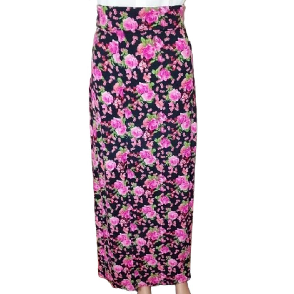 NO BOUNDARIES BLACK PINK FLORAL MAXI SKIRT ROLL OVER WAISTBAND SIZE S NWT